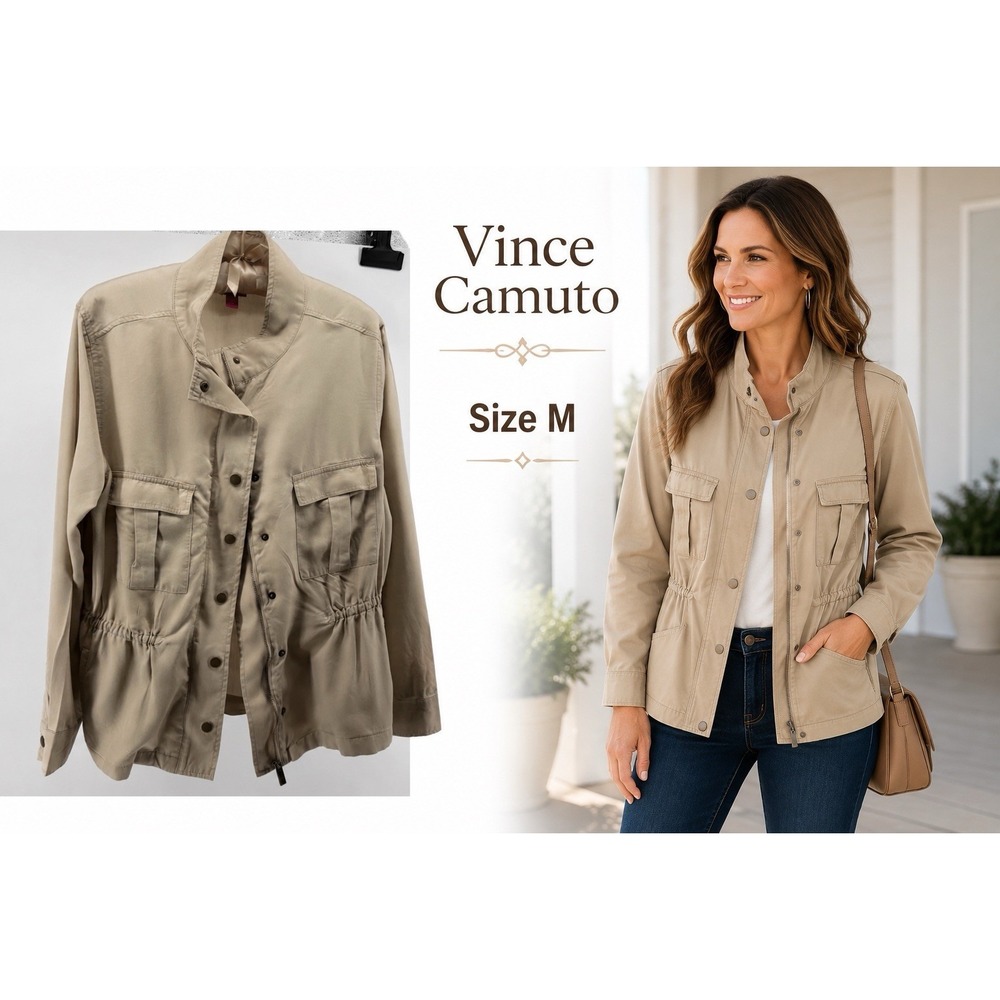 Vince Camuto Utility Jacket SIze M Beige Safari Lightweight Zip Snap Casual Chic